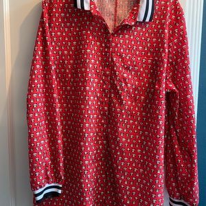 Eloquii sz18 red cat print blouse with blk/white racing stripe collar and cuffs